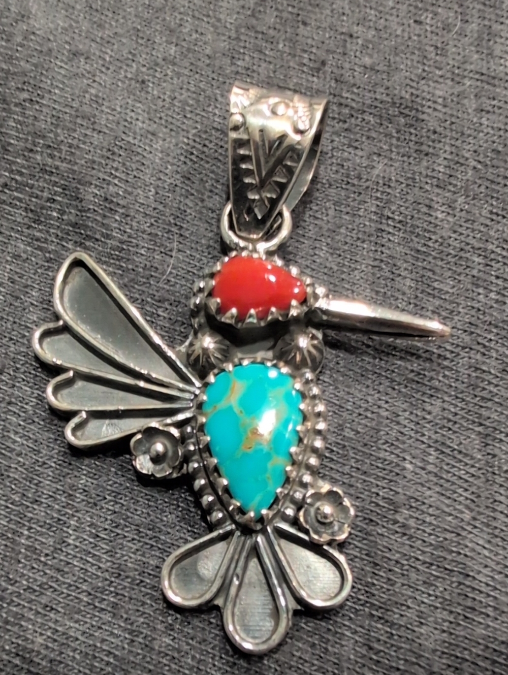 Sterling Silver Hummingbird Pendant with Turquoise and Coral Stones